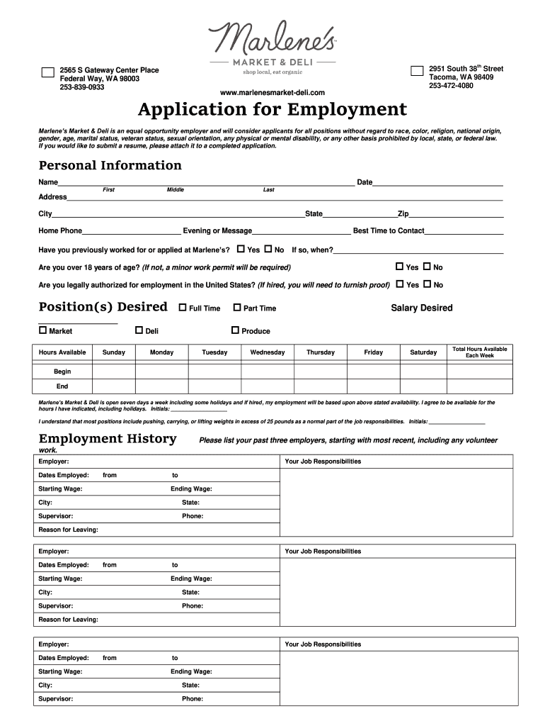  Application for Employment Marlene&#39;s Natural Foods Market & Deli 2016-2024