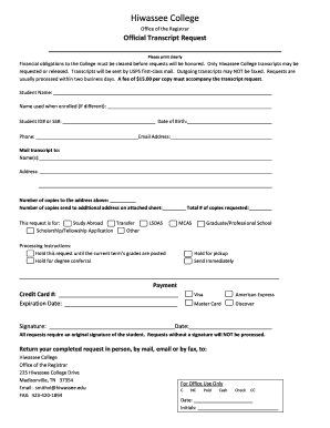 Hiwassee College Transcript Request  Form