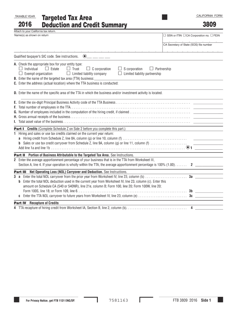  Form 3809 Targeted Tax Area Deduction and Credit Summary Form 3809 Targeted Tax Area Deduction and Credit Summary 2019