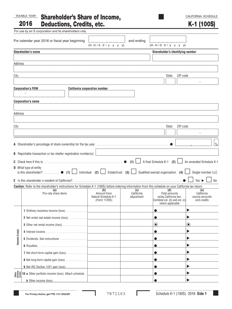  Online Ftb State of Ca Schedule K 1 for S Corp Form 2016