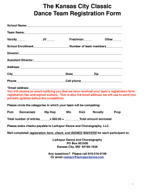 The Kansas City Classic Dance Team Registration Form