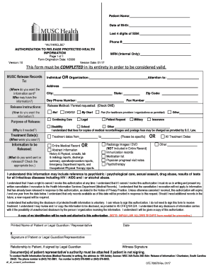  HIPAA Compliant Authorization Form PDF MUSC Health 2017