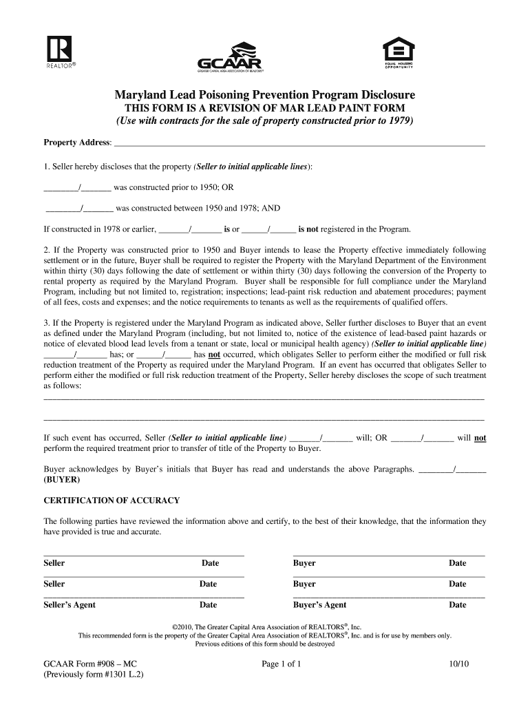 Maryland Lead Poisoning Prevention Program Disclosure  Form