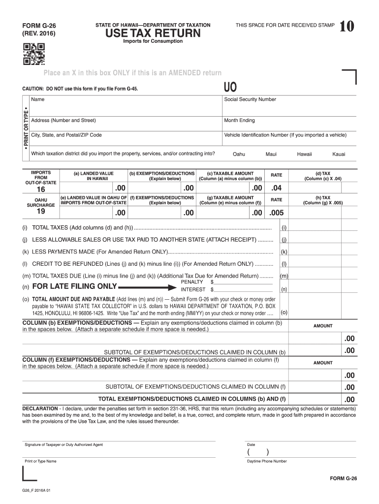  Form G 26 Rev Use Tax Return Forms  Fillable 2016