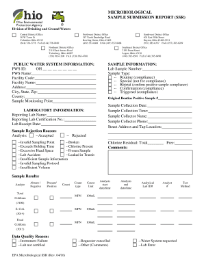 Microbiological Sample Submission Report Ssr Ohio EPA Epa State Oh  Form