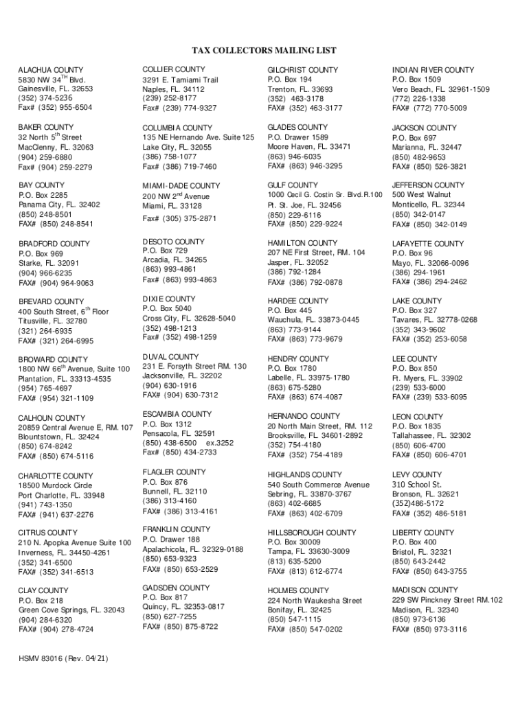  TAX COLLECTORS MAILING LIST Flhsmv Gov 2021-2024