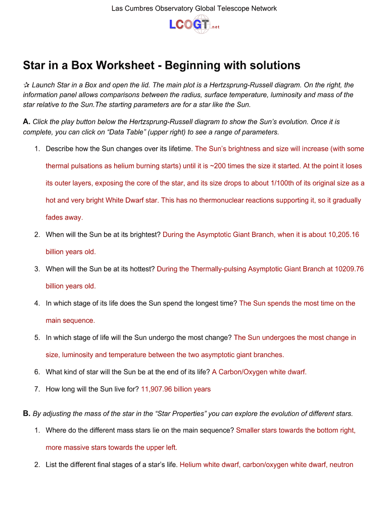 Star in a Box Answer Key  Form