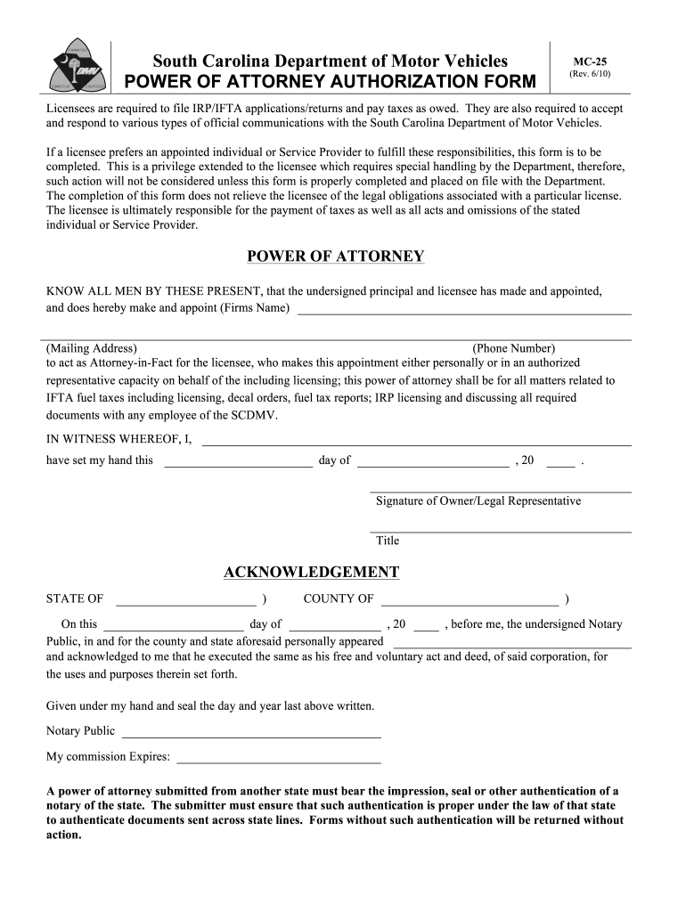 South Carolina Vehicle Power of Attorney Mc 25 DOC  Form