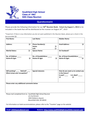 50 Year Class Reunion Questionnaire  Form