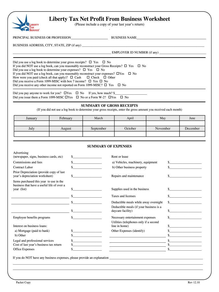 Liberty Tax Net Profit from Business Worksheet  Form