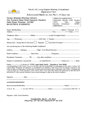Art of Living Registration Form PDF