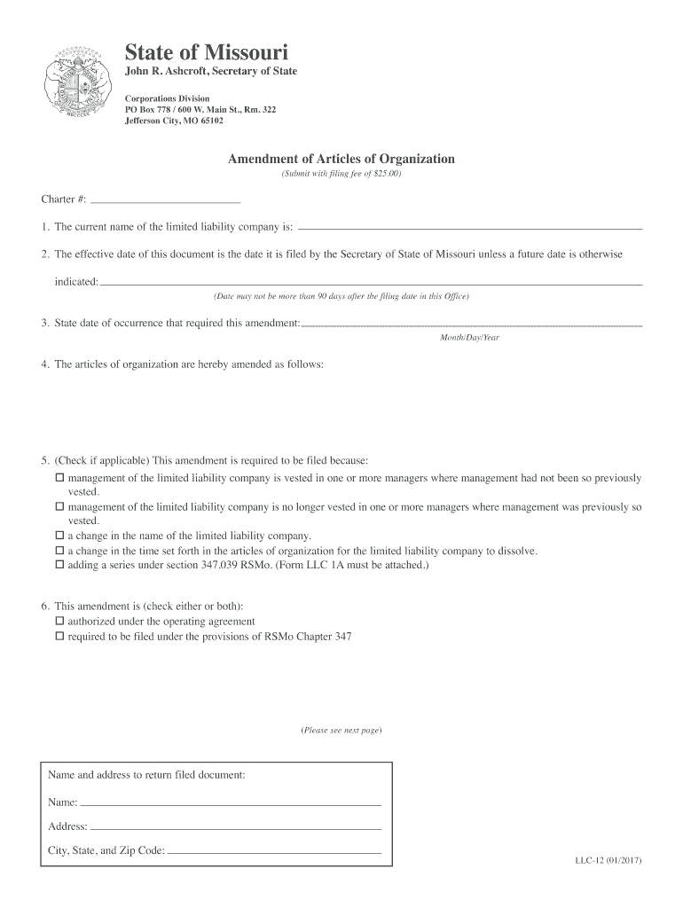  Amendment of Articles of Organization Qxd Missouri Secretary of State 2017-2024