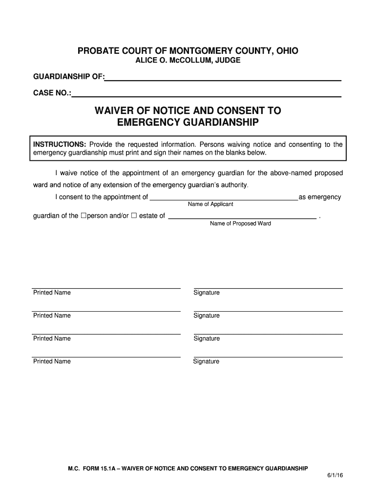 Waiver of Notice and Consent to Emergency Guardianship  Form