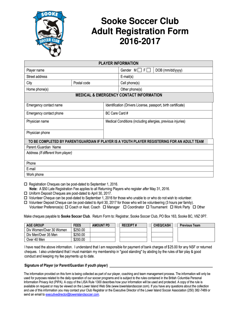 Sooke Soccer Club Adult Registration Form