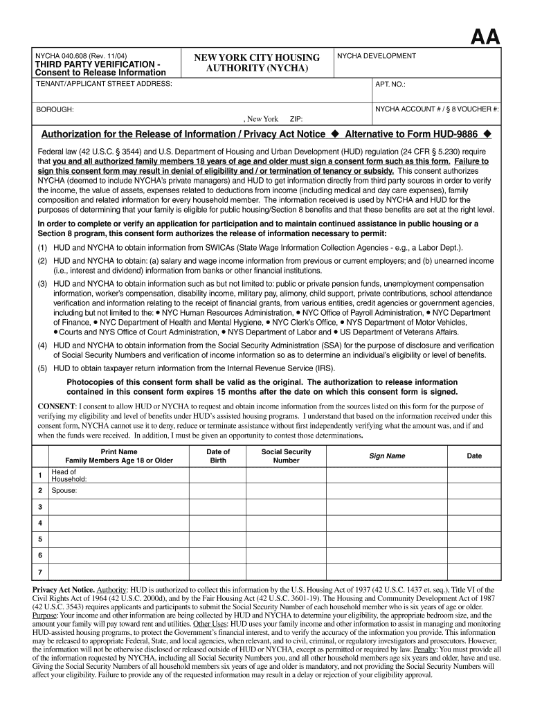 Third Party Verification Consent to Release of Information Section 8