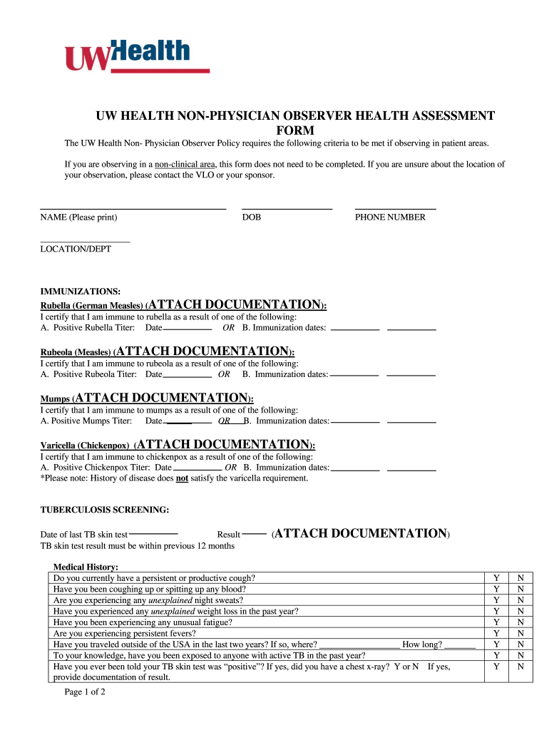 UW HEALTH NON PHYSICIAN OBSERVER HEALTH ASSESSMENT FORM Uwhealth