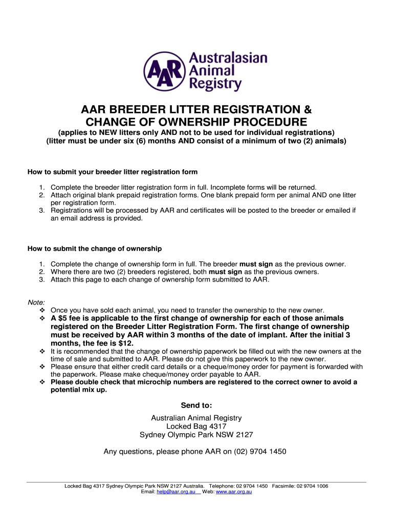  Aar Breeder Litter Registration Form 2016