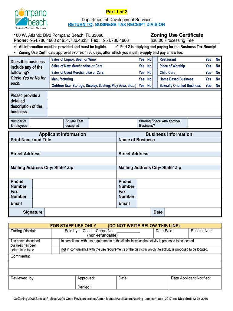 Zoning Use Certificate Application City of Pompano Beach  Form