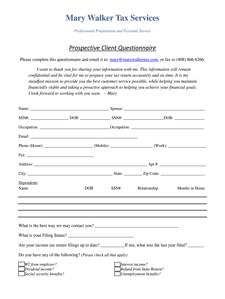 Prospective Client Questionnaire Mary Walker Tax Services  Form
