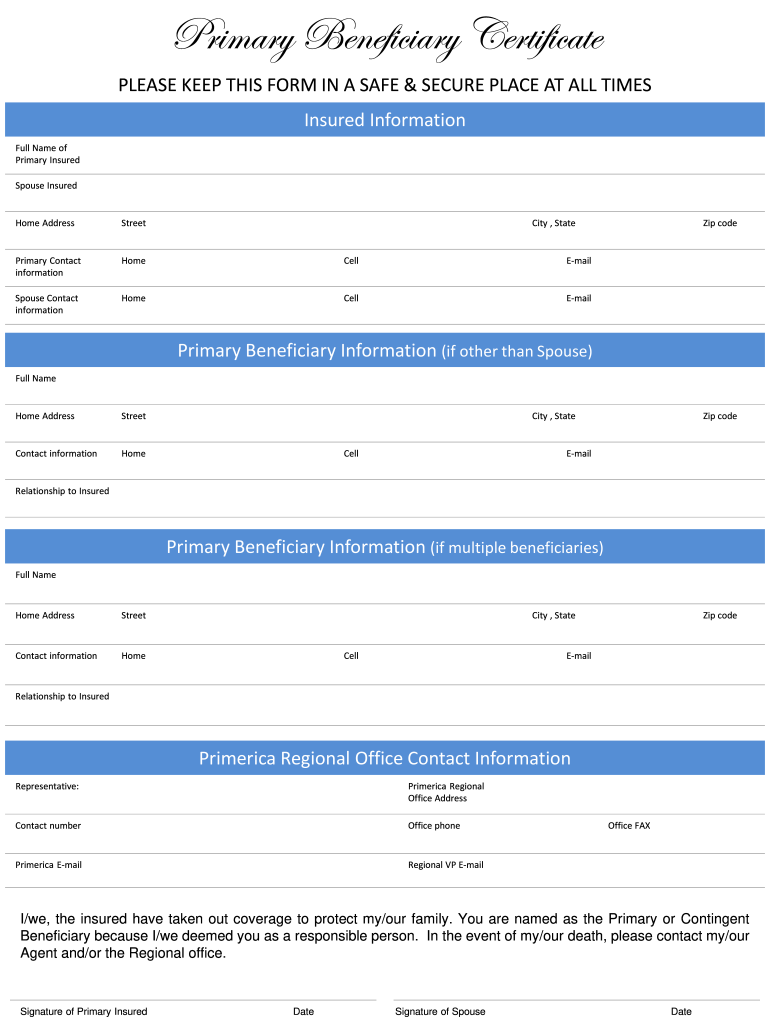 Primary Beneficiary Certificate Youngergeneration  Form