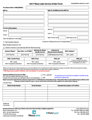 Mesa Labs Service Order Form DialyGuard