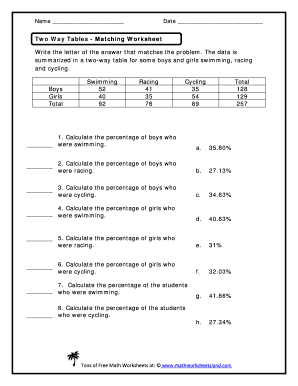 Probability Two Way Table Worksheet with Answers PDF  Form