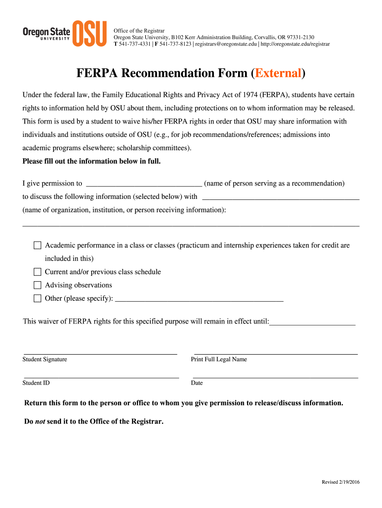  FERPA Recommendation Form External Oregon State University Oregonstate 2016