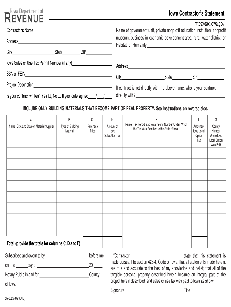 Iowa Contractor&#039;s Statement  Form