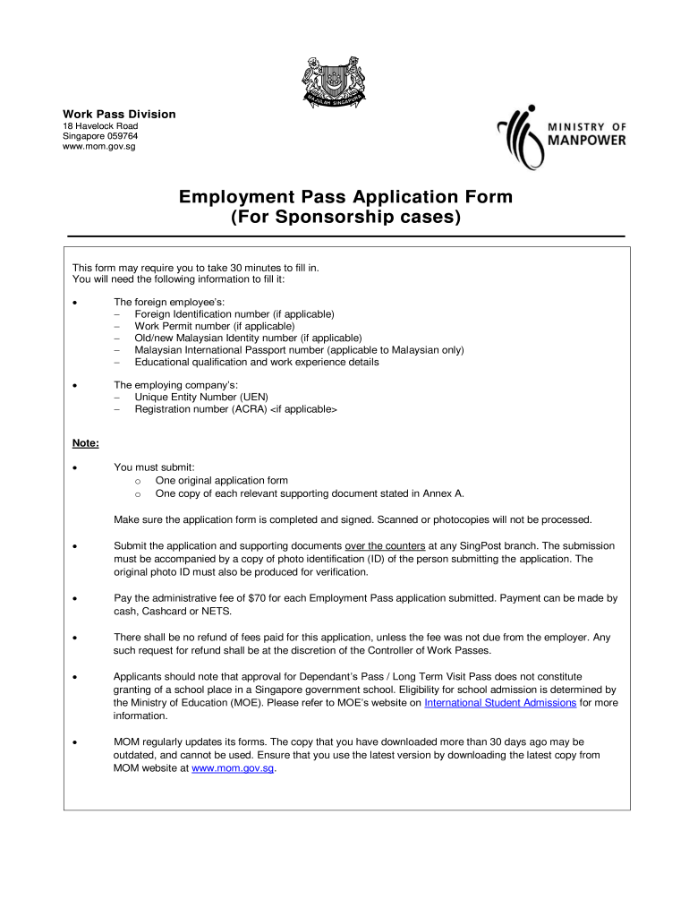  Employment Pass Application Form for Sponsorship Cases  Mom Gov 2017