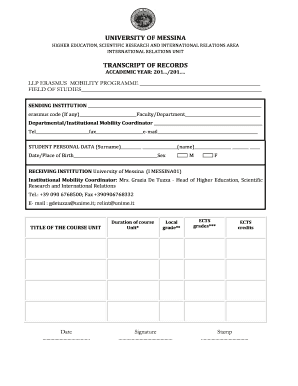 UNIVERSITY of MESSINA TRANSCRIPT of RECORDS Relint Unime  Form