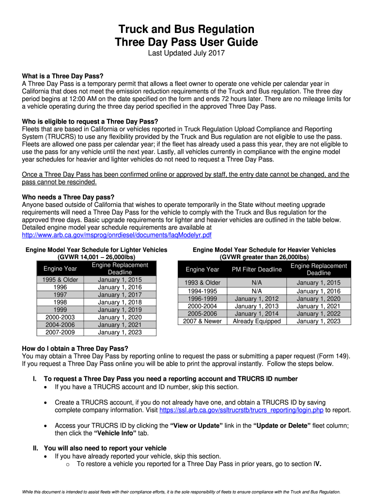  Form 149 Truck && Bus Regulation Three Day Pass Exemption    Arb Ca 2016-2024