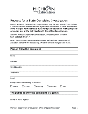 Request for a State Complaint Investigation Special Education State Complaint Michigan  Form