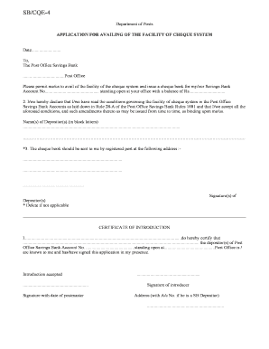 Application for Availing of the Facility of Cheque System  Form