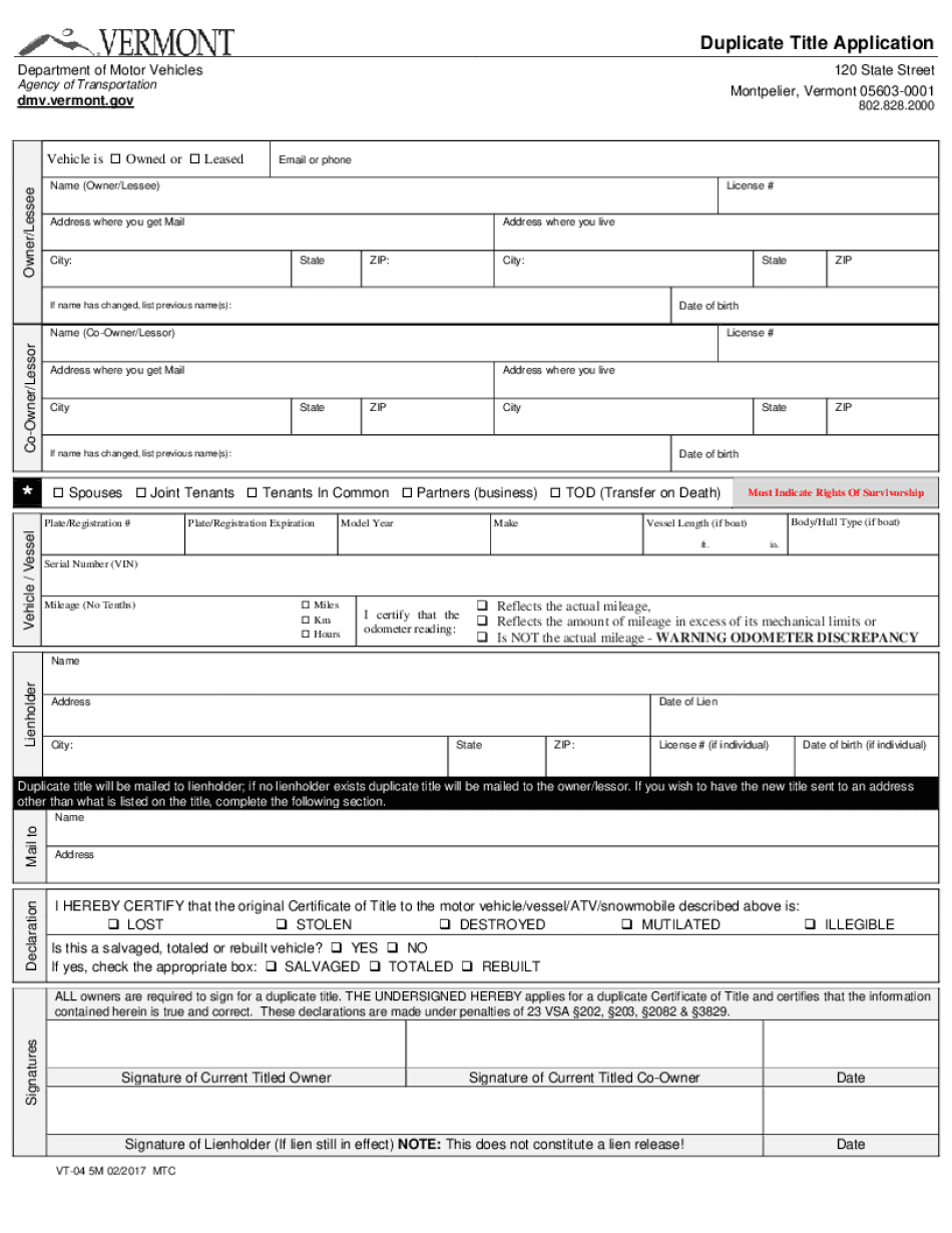 Vehicle is Owned or Leased Dmv Vermont  Form