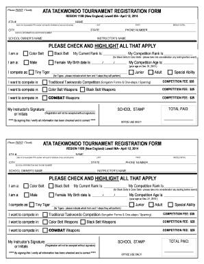 Please PRINT Clearly ATA TAEKWONDO TOURNAMENT REGISTRATION FORM