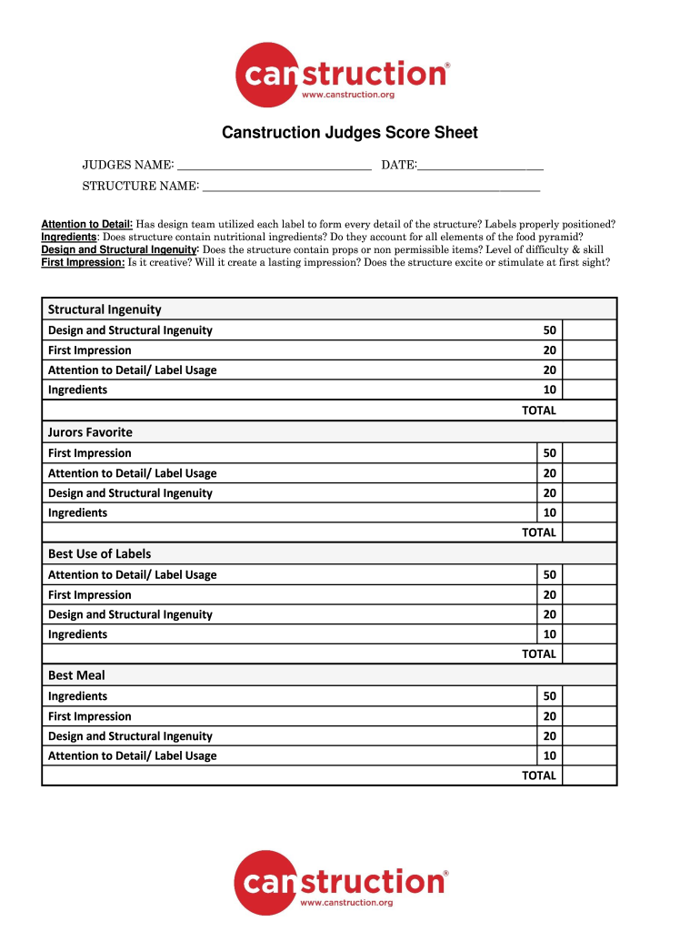 Canstruction Judges Score Sheet Chicago Canstruction  Form