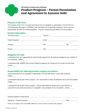  Cookie Program Parent Permission and Agreement to Assume Debt for Troop Use Agreement between Parent and Troop to Participate in 2016