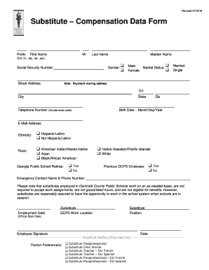  Substitute Compensation Data Form GCPS 2016