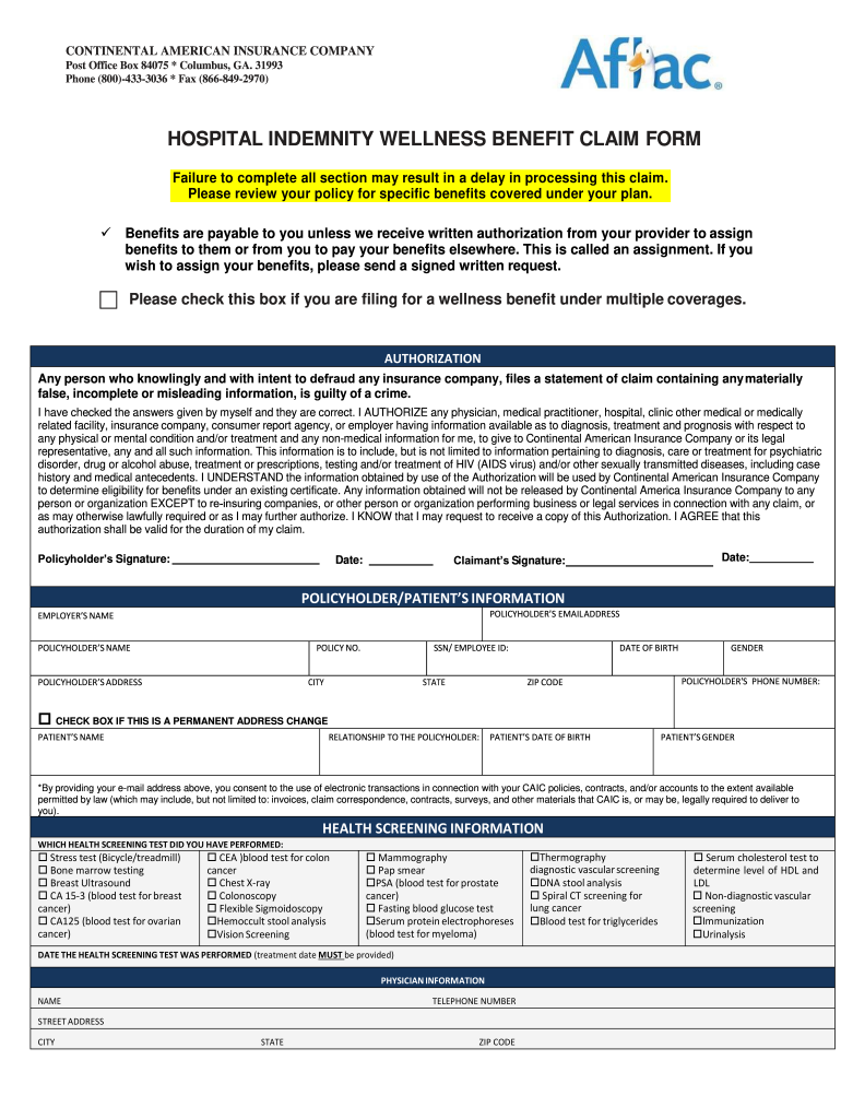  Hospital Indemnity Wellness Benefit Claim Form  Aflac Group Insurance 2016