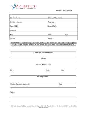 Ameritech College Transcript Request  Form