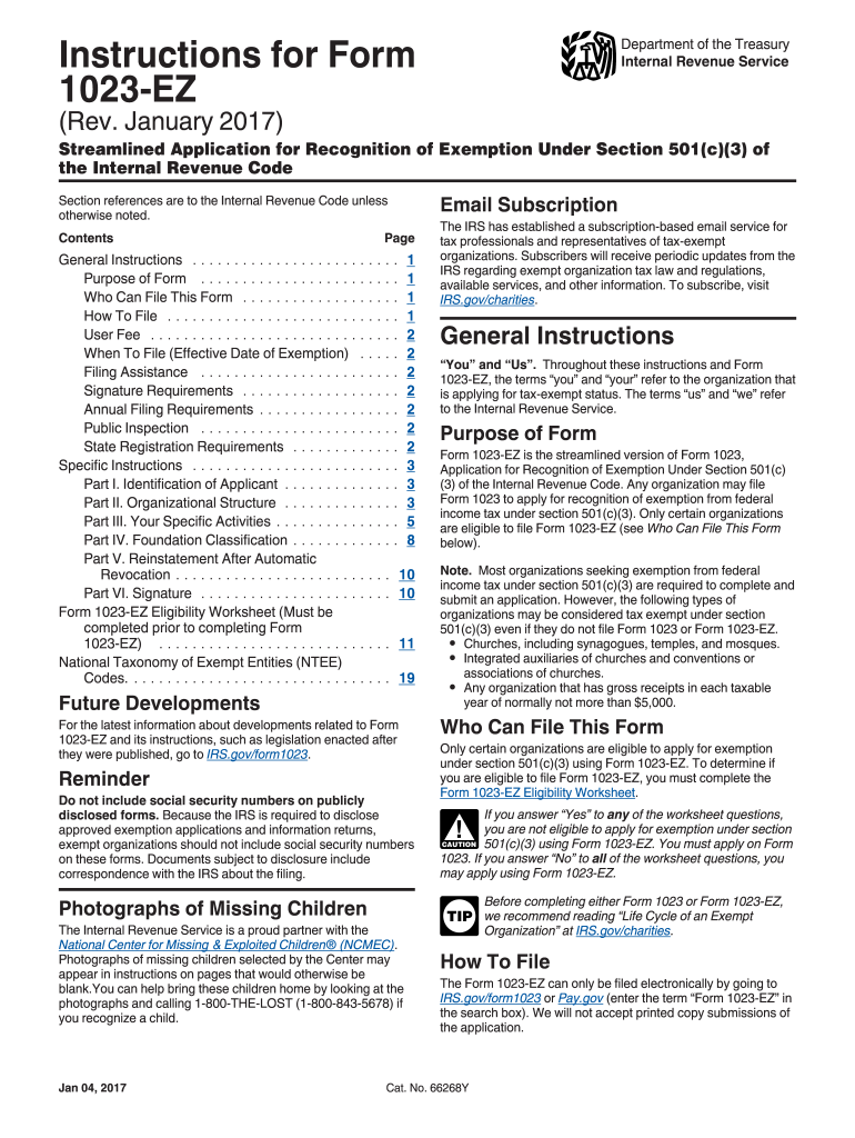  Instructions for Form 1023 EZ Rev January  Instructions for Form 1023 EZ, Streamlined Application for Recognition of Exe 2017