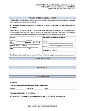 Vgh Dental Clinic  Form