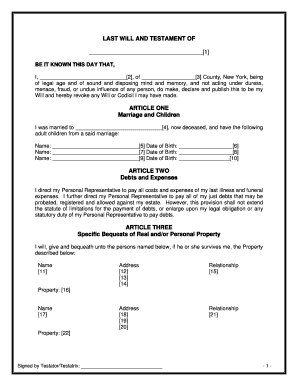 Last Will and Testament New York  Form