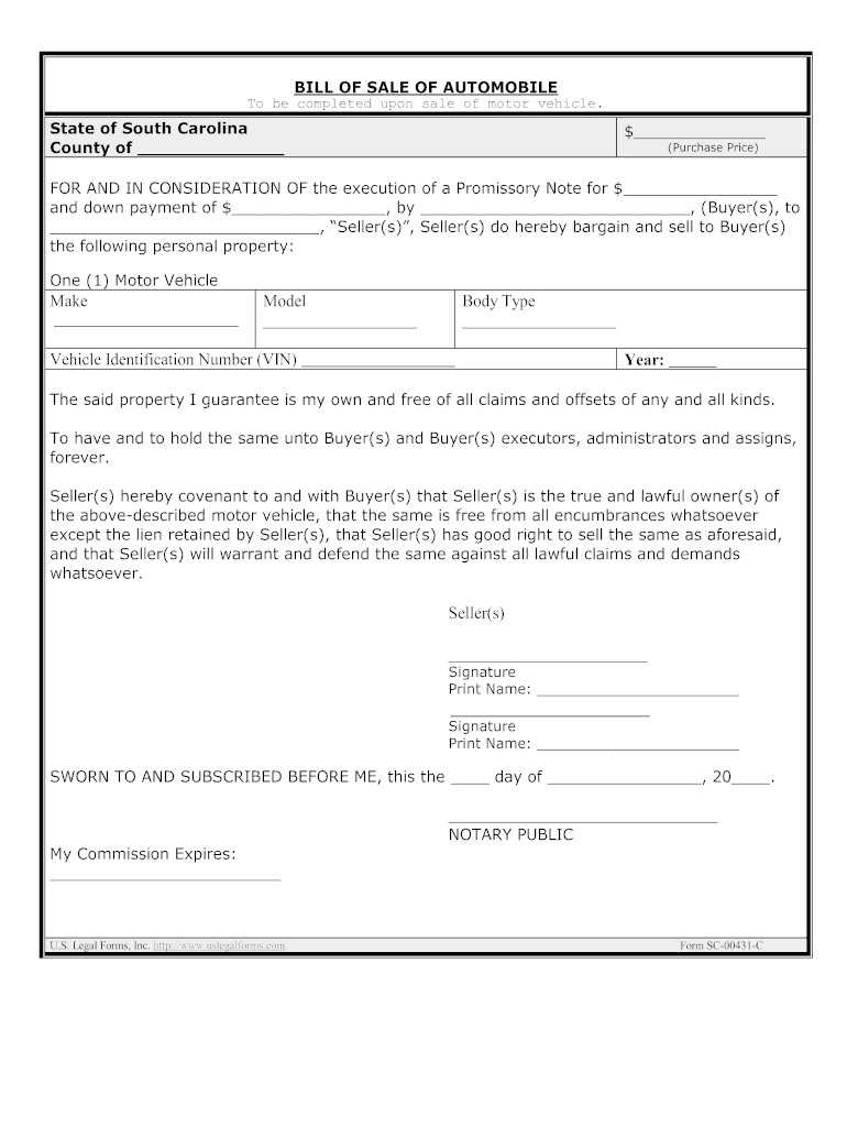 South Carolina Bill of Sale for Automobile or Vehicle Including Odometer Statement and Promissory Note  Form