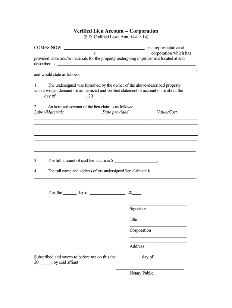 South Dakota Lien Account by Corporation  Form