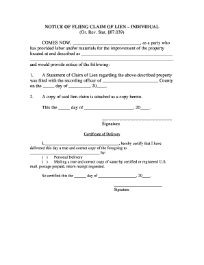 Oregon Notice of Filing of Lien Claim Individual  Form