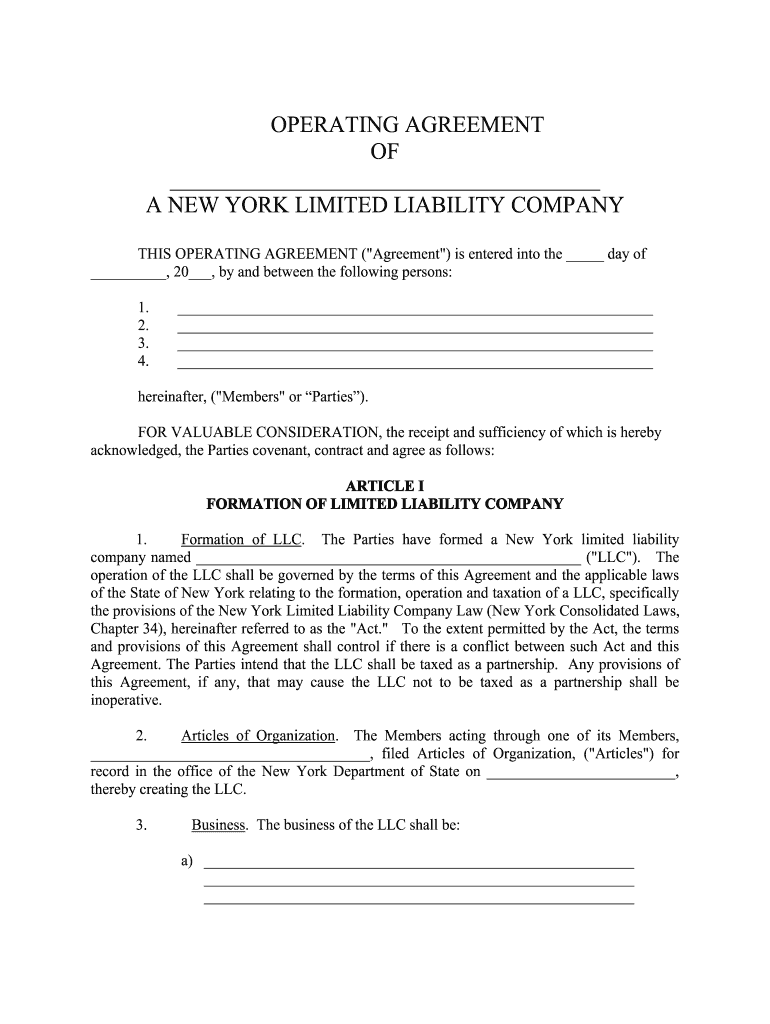 New York Limited Liability Company LLC Operating Agreement  Form