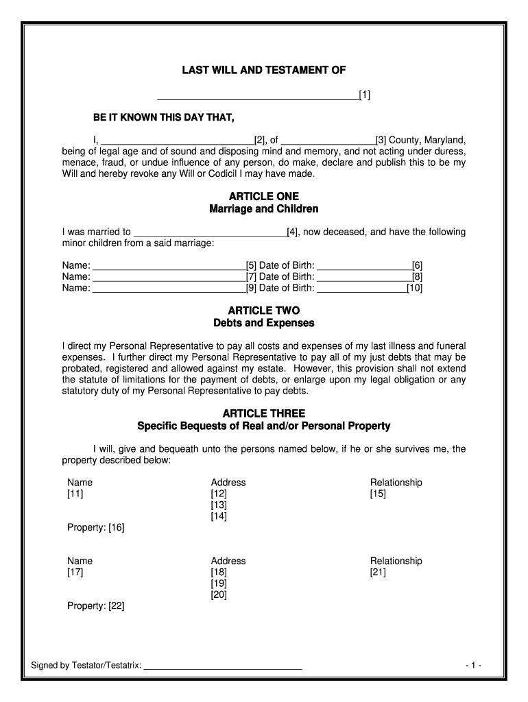 Maryland Will Template  Form