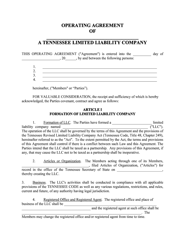 Tennessee Limited Liability Company LLC Operating Agreement  Form