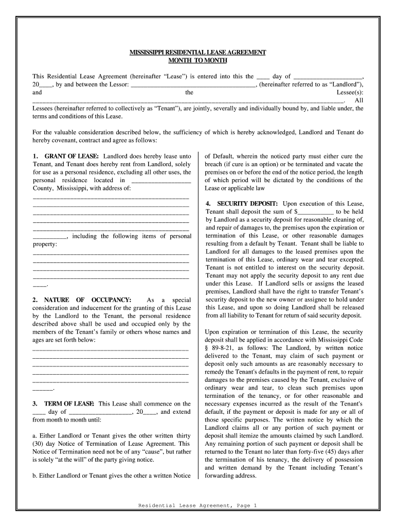 Mississippi Residential Lease or Rental Agreement for Month to Month  Form